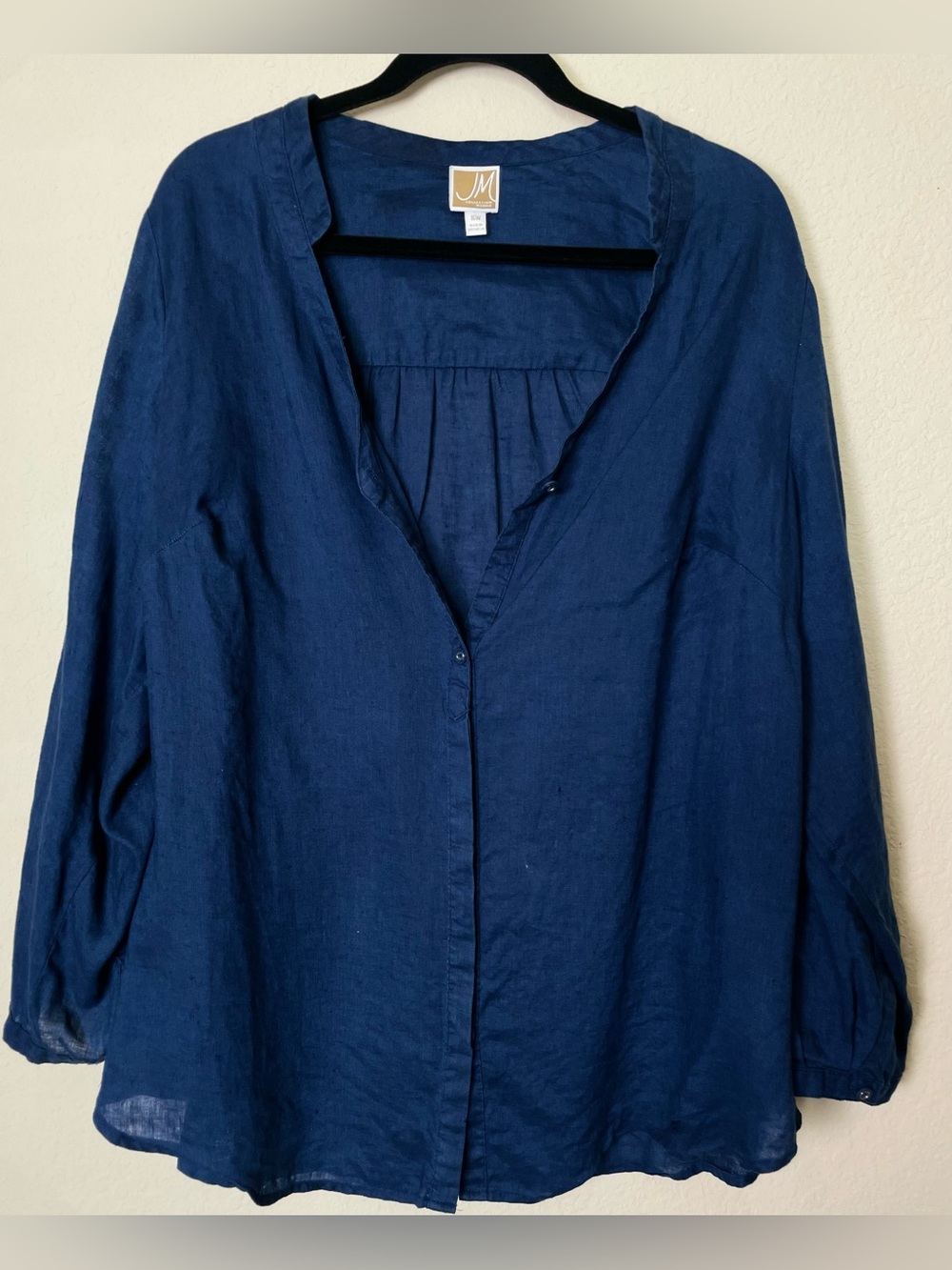 JM Collection Deep Navy Button-Front Linen Blouse